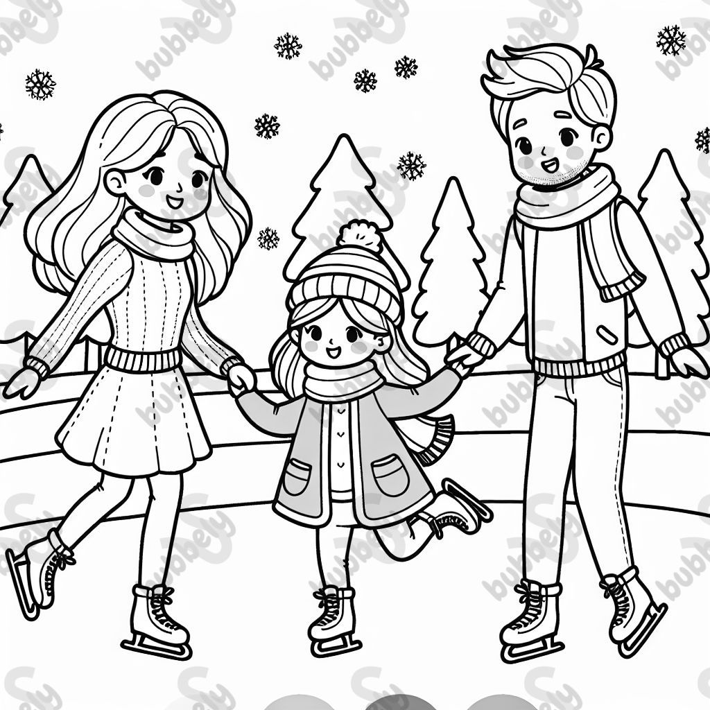 mutter mit schulterlangen haaren, vater ohne bart und kind sind eislaufen