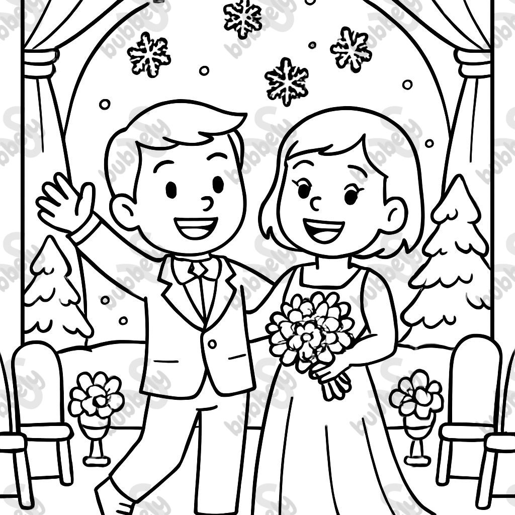 A couple on their wedding day, both with short hair, one in a suit and the other in a dress. They should be in a wedding venue that is not a church during the winter. The feminine person is not wearing a veil. A couple on their wedding day, both with short hair, one in a suit and the other in a dress. They should be in a wedding venue that is not a church during the winter. The feminine person is not wearing a veil.
