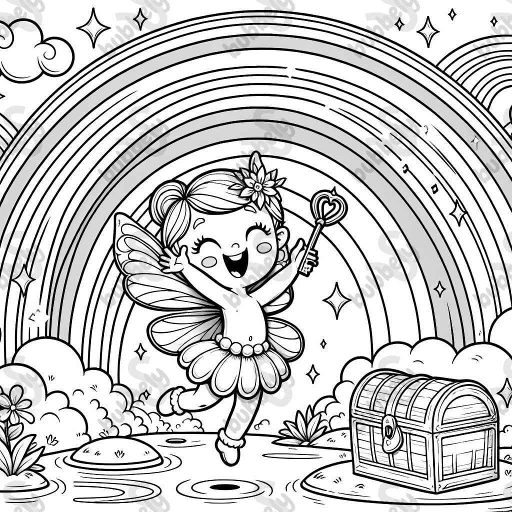 Eine Fee, die auf einem Regenbogen mit einem Schlüssel und einem Schatz tanzt.