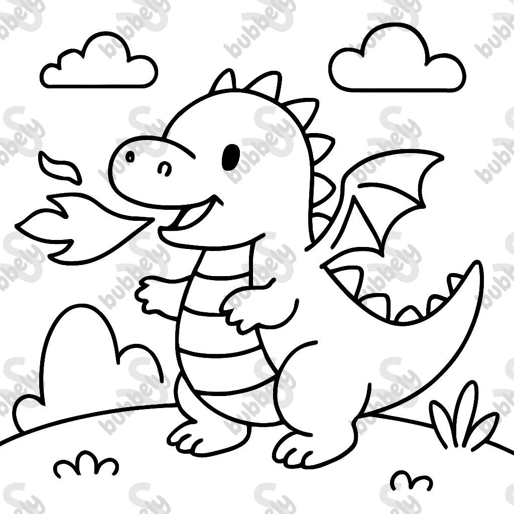 Ein kleiner dicker Drache, der freundlich aussieht und Feuer speit Ein kleiner dicker Drache, der freundlich aussieht und Feuer speit