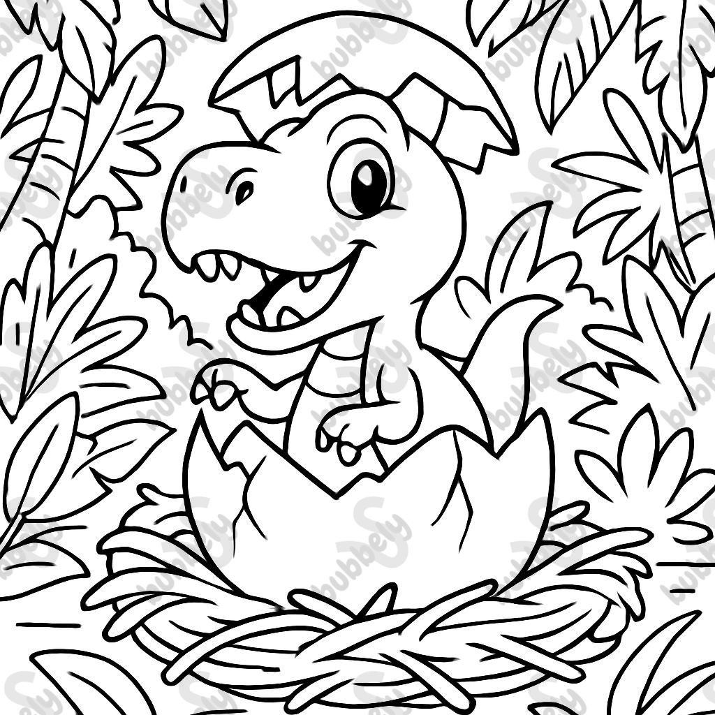 A little T-Rex peeking out of a halved egg. The egg is in a nest. The nest is in a jungle. A little T-Rex peeking out of a halved egg. The egg is in a nest. The nest is in a jungle.