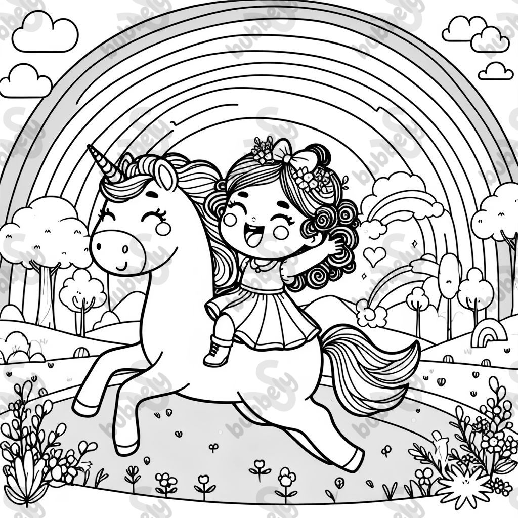 Little girl with curly hair riding a unicorn with a rainbow in the background. Little girl with curly hair riding a unicorn with a rainbow in the background.