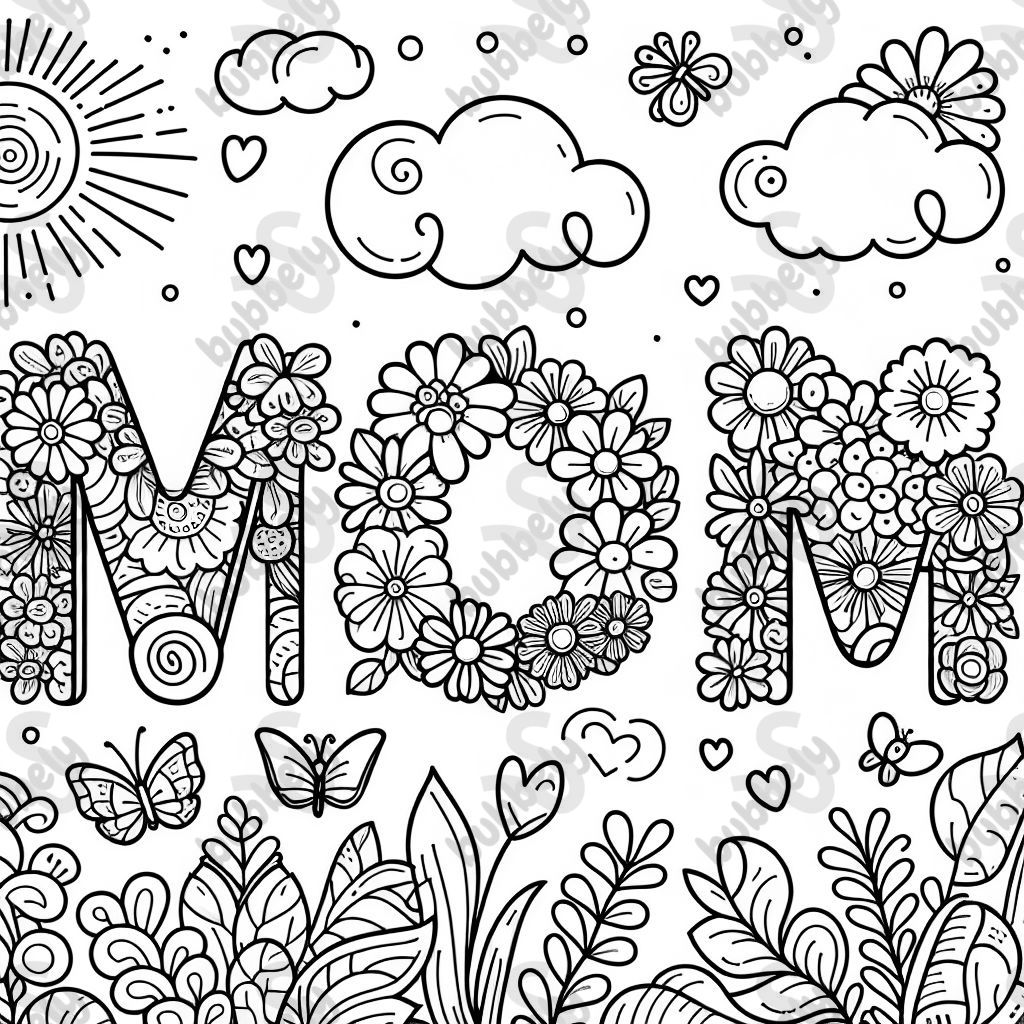"Mom" written in bubble letters traced by hand-drawn flowers. "Mom" written in bubble letters traced by hand-drawn flowers.
