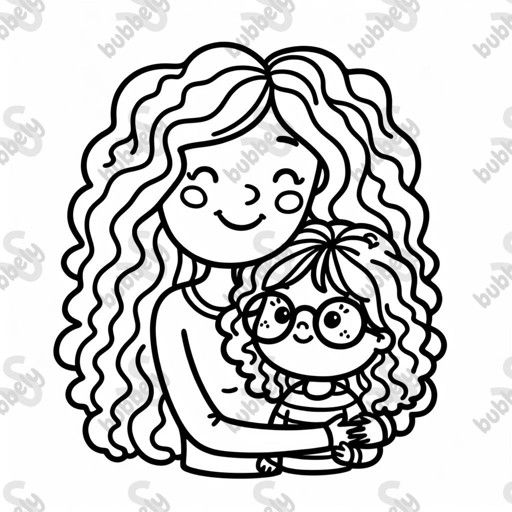 A white woman with curly hair hugging a little girl with straight hair and glasses. A white woman with curly hair hugging a little girl with straight hair and glasses.