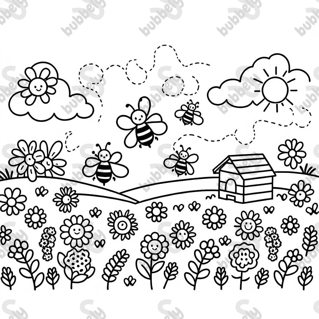 Ein Feld mit Blumen, Bienen und Bienenstöcken.