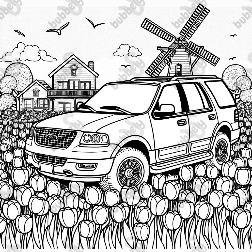 Una Ford Expedition en un campo de tulipanes con un molino de viento al fondo. Una Ford Expedition en un campo de tulipanes con un molino de viento al fondo.