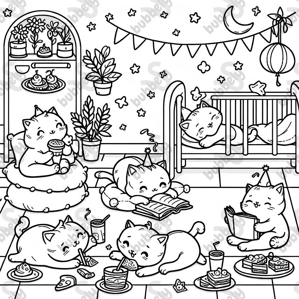 Cuatro gatitos teniendo una fiesta de pijamas Cuatro gatitos teniendo una fiesta de pijamas