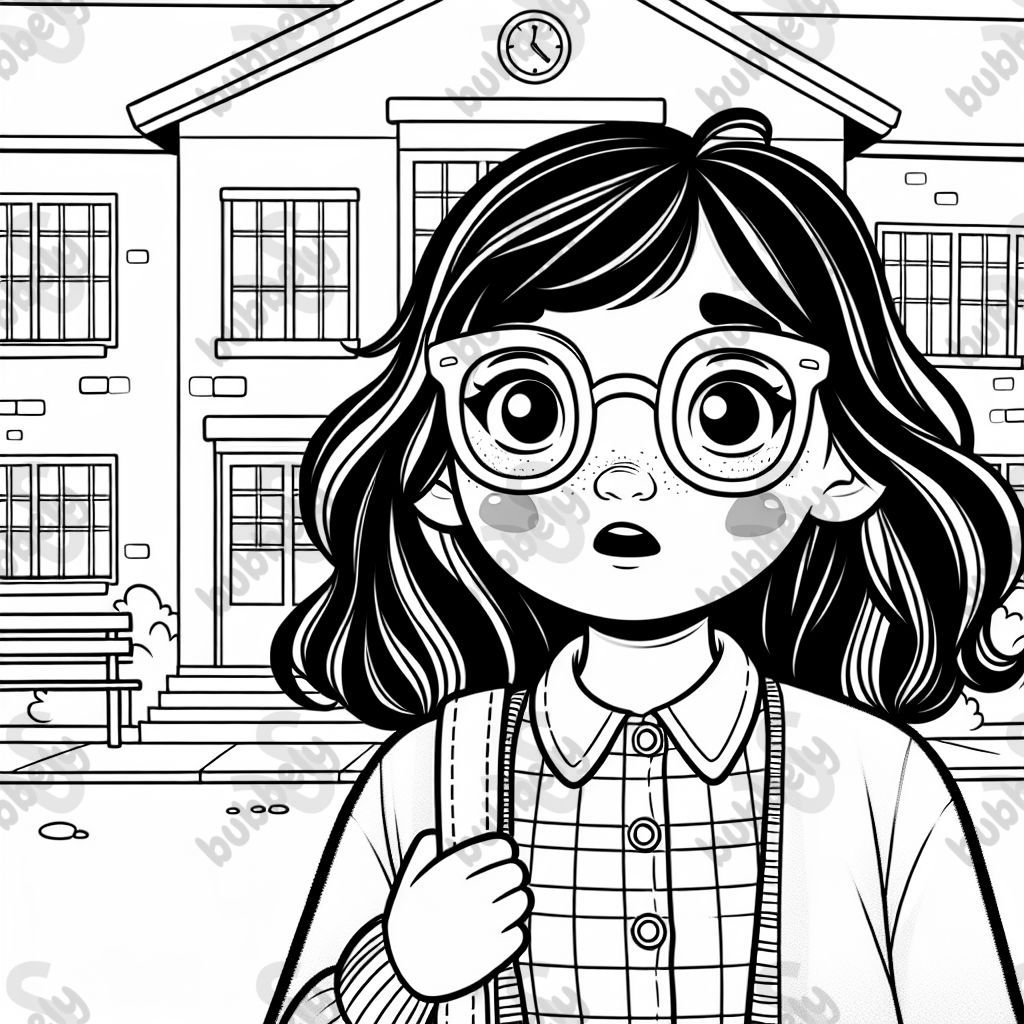 Ein Mädchen mit schulterlangem Haar und großen Brillengläsern, das blusig und in einem Pulli gekleidet aussieht, steht ängstlich vor einer Schule. Ein Mädchen mit schulterlangem Haar und großen Brillengläsern, das blusig und in einem Pulli gekleidet aussieht, steht ängstlich vor einer Schule.