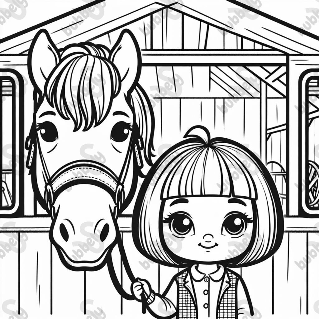 a horse at a riding school with a girl with a bob haircut a horse at a riding school with a girl with a bob haircut