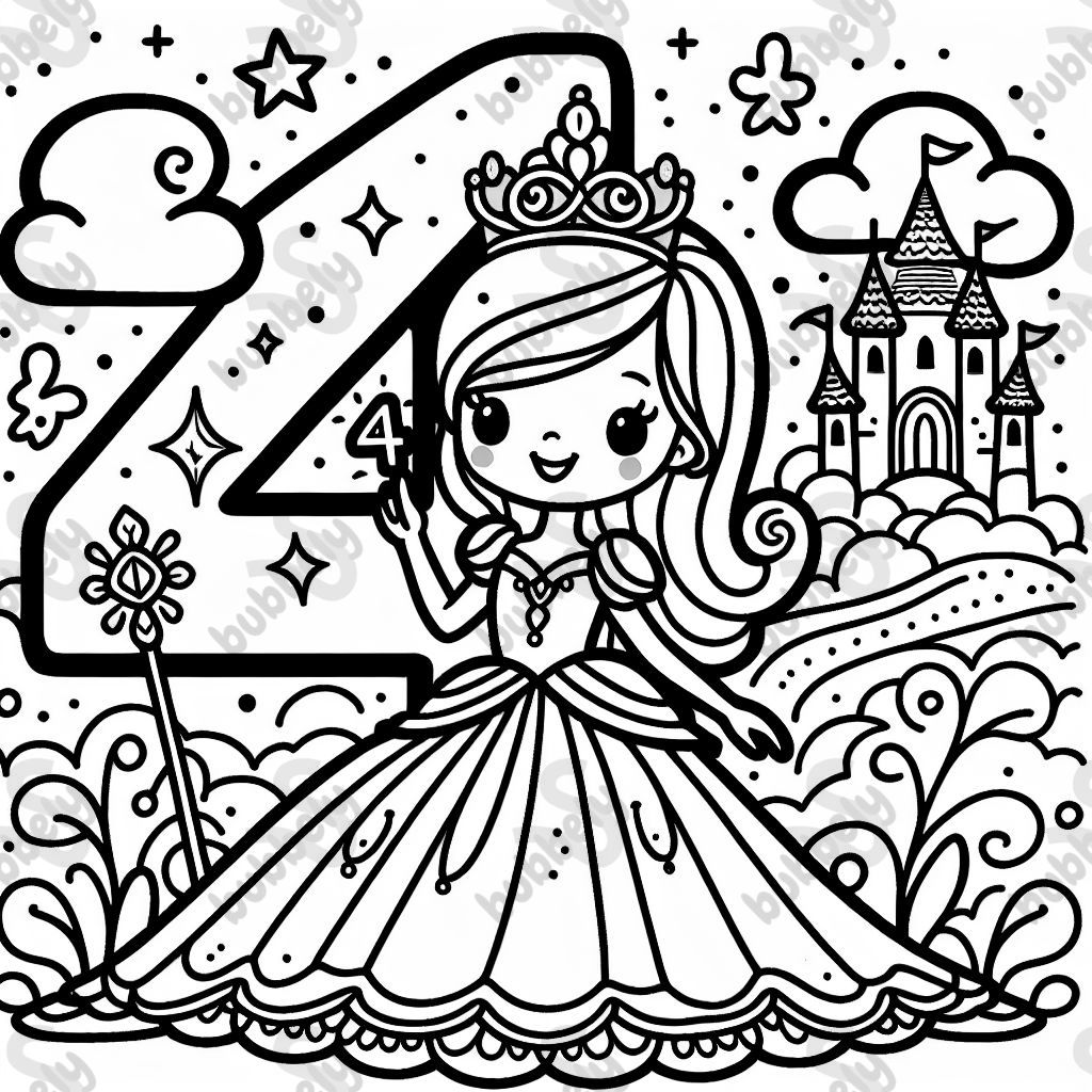 El número 4 decorado como una princesa El número 4 decorado como una princesa