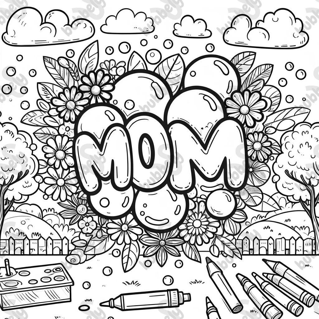 Bubble letters surrounded by handmade flowers that write 'Mom'. Bubble letters surrounded by handmade flowers that write 'Mom'.