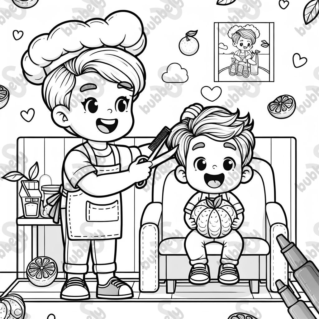 An italian hairdresser cutting a toddler boys hair while he is happy eating a mandarin fruit An italian hairdresser cutting a toddler boys hair while he is happy eating a mandarin fruit