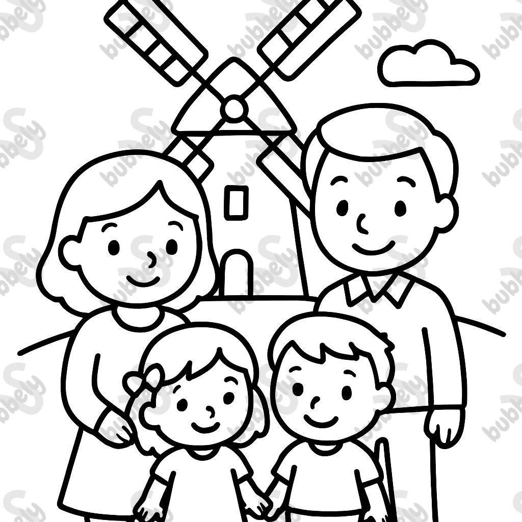A family standing in front of a Dutch wind mill with a mom, a dad, a little girl and a little boy. A family standing in front of a Dutch wind mill with a mom, a dad, a little girl and a little boy.