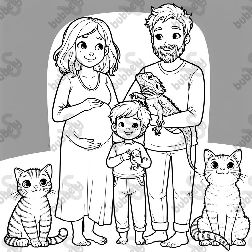 Una familia con una mamá embarazada, un papá y un niño pequeño. Tienen dos gatos con ellos, un gato tiene rayas y el otro tiene pelaje liso. El niño pequeño sostiene un dragón barbudo. Una familia con una mamá embarazada, un papá y un niño pequeño. Tienen dos gatos con ellos, un gato tiene rayas y el otro tiene pelaje liso. El niño pequeño sostiene un dragón barbudo.