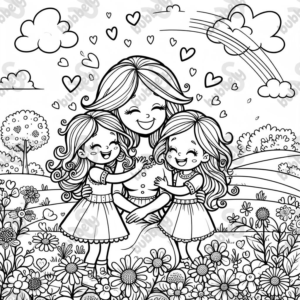 Una madre blanca sentada con dos hijas cerca de flores con corazones en el cielo. Una madre blanca sentada con dos hijas cerca de flores con corazones en el cielo.