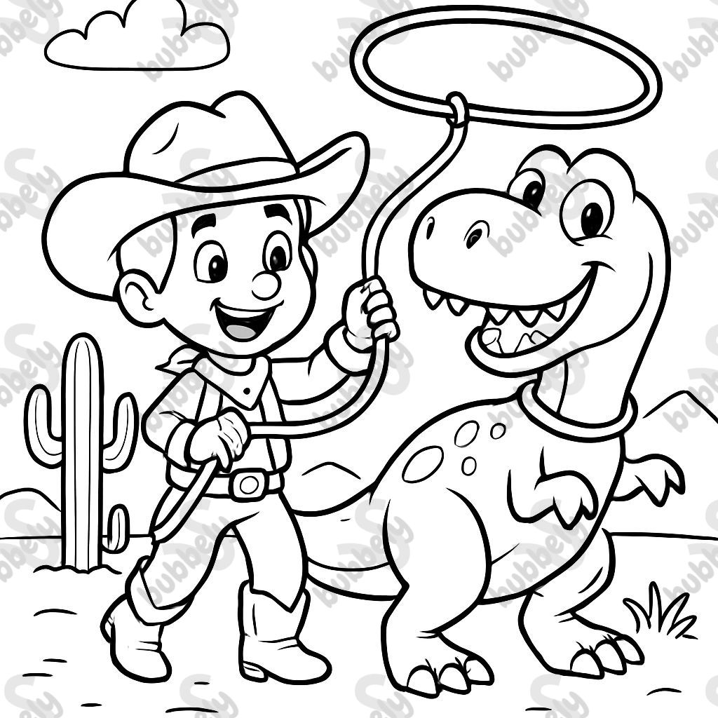 A cowboy holding a lasso with the noose around the dinosaur's neck. A cowboy holding a lasso with the noose around the dinosaur's neck.