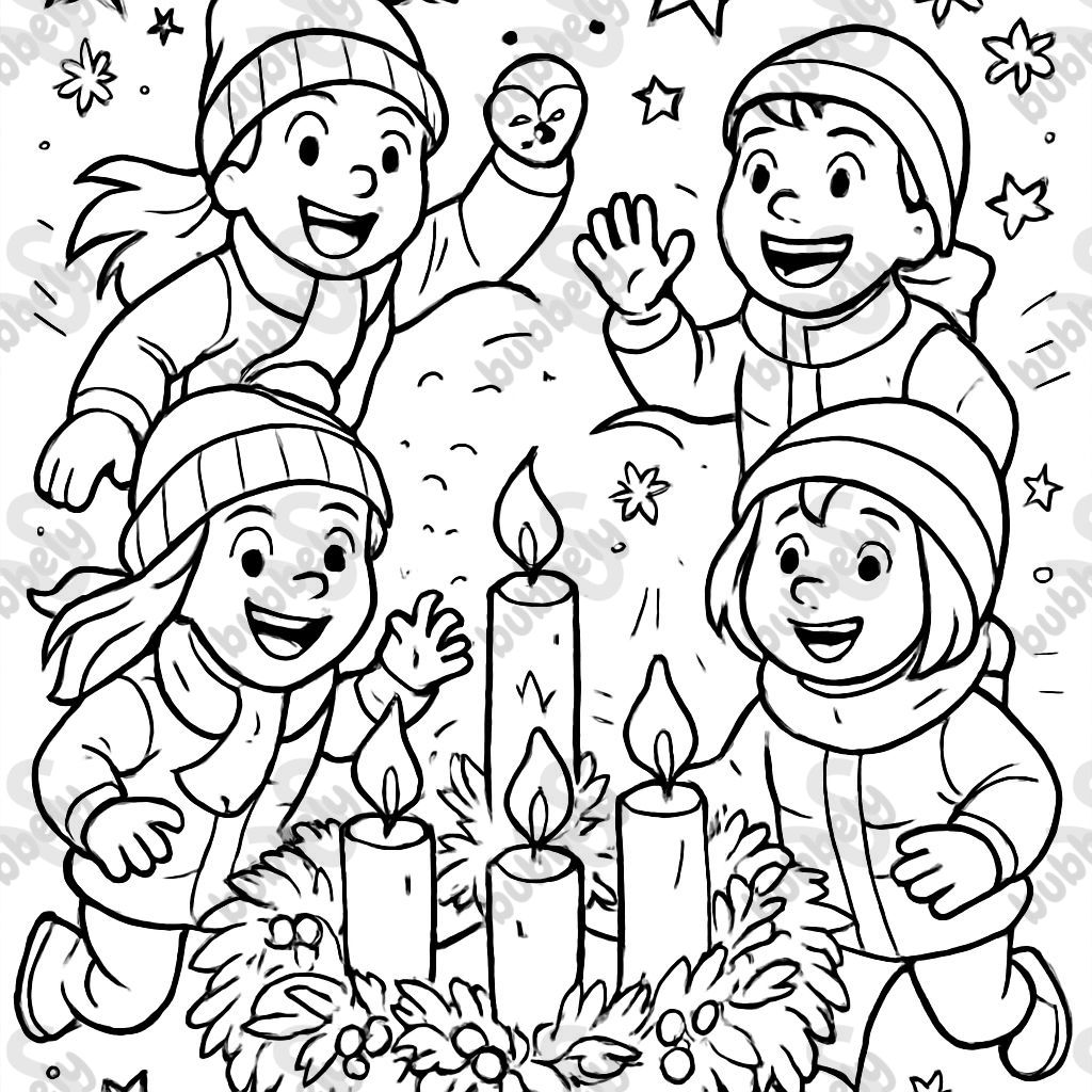 Advent wreath 4 candles 4 children in winter clothing background stars and snowflakes Advent wreath 4 candles 4 children in winter clothing background stars and snowflakes
