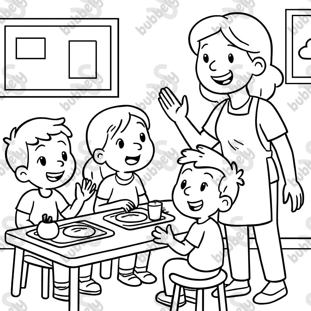 Des enfants de l'école parlant respectueusement à la monitrice et assis. Des enfants de l'école parlant respectueusement à la monitrice et assis.