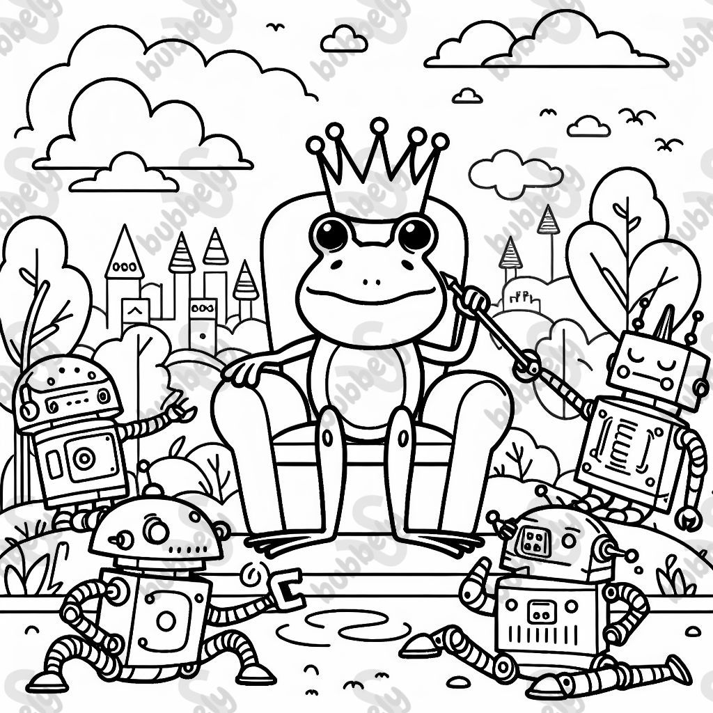 Une grenouille qui règne comme roi sur des robots Une grenouille qui règne comme roi sur des robots