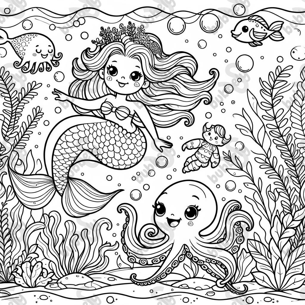 eine Meerjungfrauenmutter mit ihrem Baby und einem Haustier-Oktopus eine Meerjungfrauenmutter mit ihrem Baby und einem Haustier-Oktopus