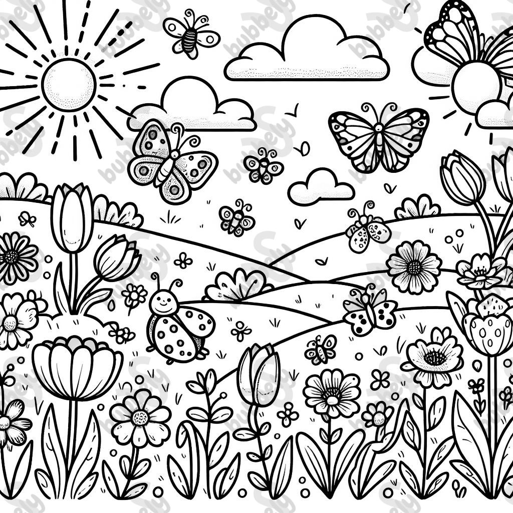 Spring meadow with butterflies, flowers, ladybugs, tulips, sun Spring meadow with butterflies, flowers, ladybugs, tulips, sun