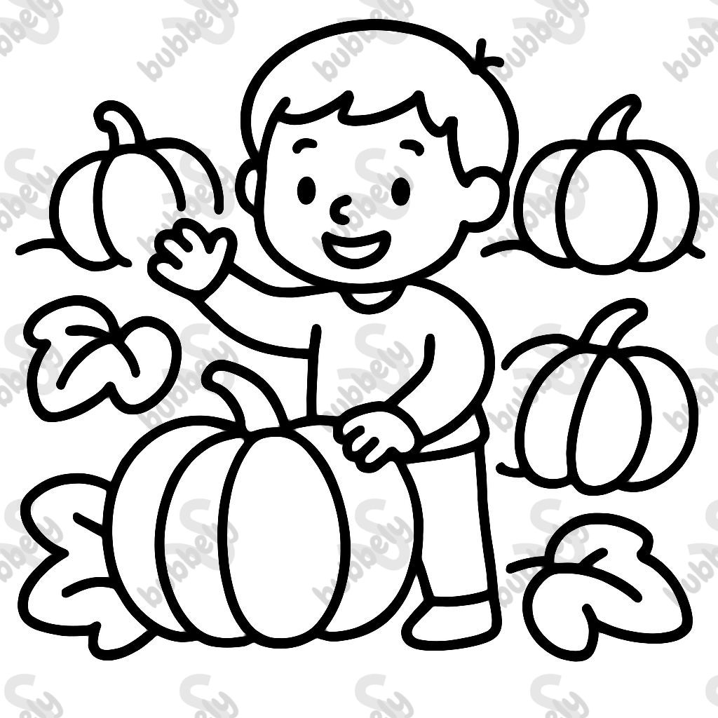 Un niño jugando en un campo de calabazas Un niño jugando en un campo de calabazas