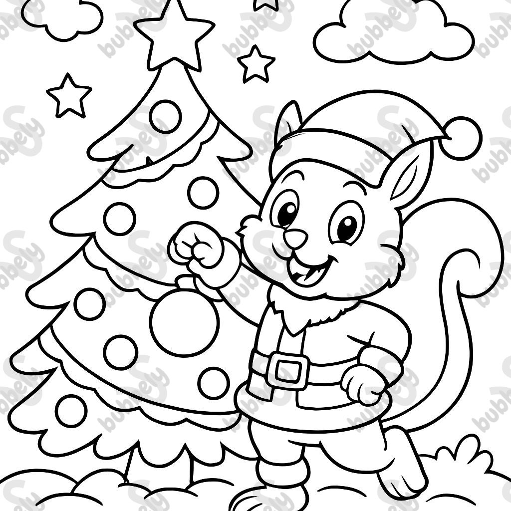 eichhörnchen am Weihnachtsbaum mit nikolauskostüm eichhörnchen am Weihnachtsbaum mit nikolauskostüm