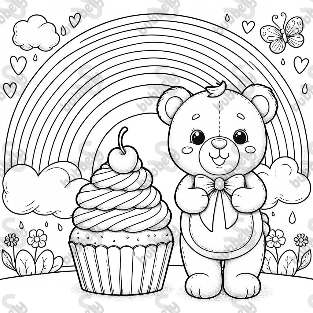Un ours en peluche tenant un cupcake avec un arc-en-ciel en arrière-plan Un ours en peluche tenant un cupcake avec un arc-en-ciel en arrière-plan