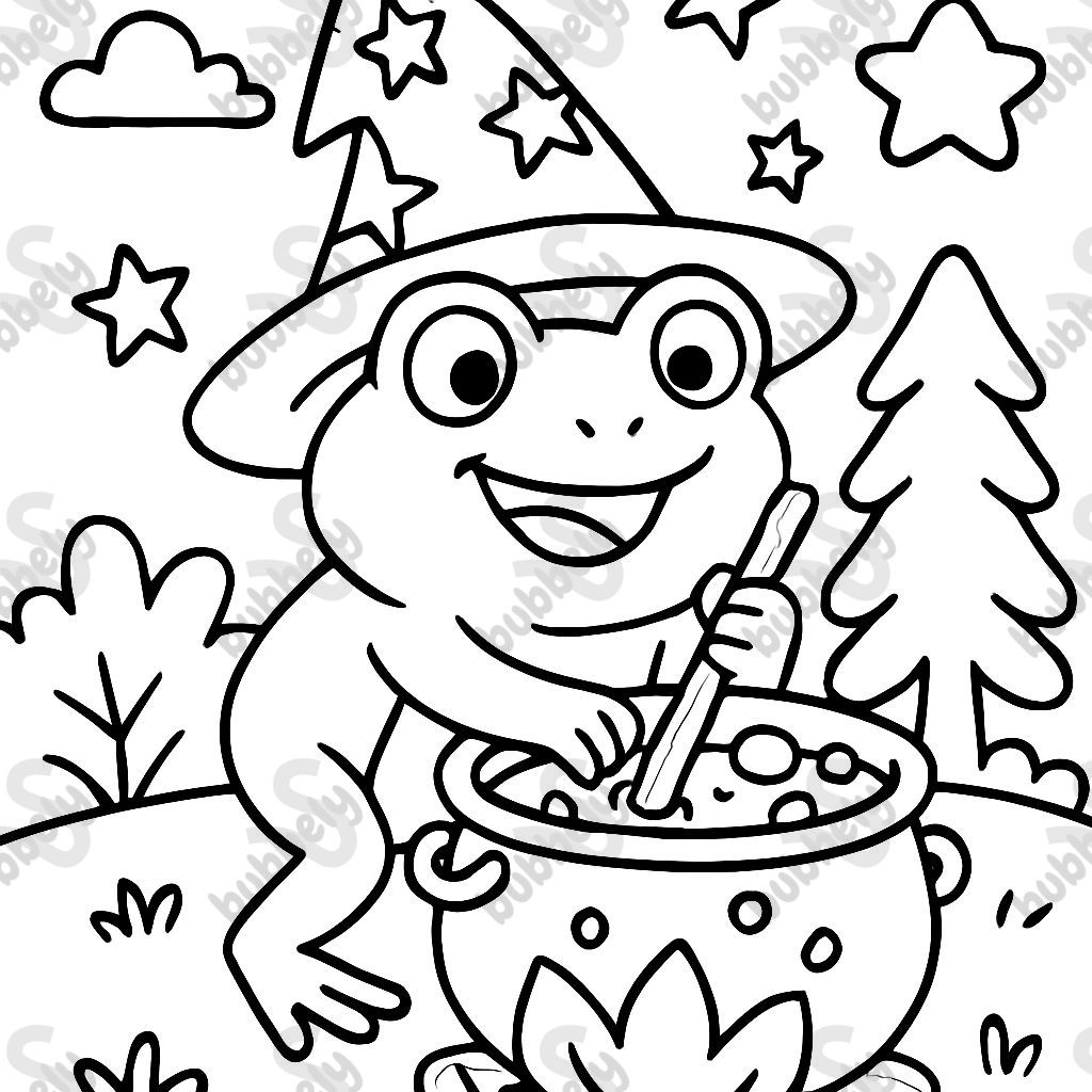 Une grenouille mignonne portant un chapeau de sorcier en train de cuisiner dans un chaudron. Une grenouille mignonne portant un chapeau de sorcier en train de cuisiner dans un chaudron.