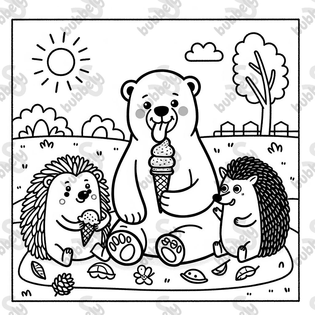 A polar bear enjoying ice cream with his friends, a hedgehog and a colorful dog. A polar bear enjoying ice cream with his friends, a hedgehog and a colorful dog.