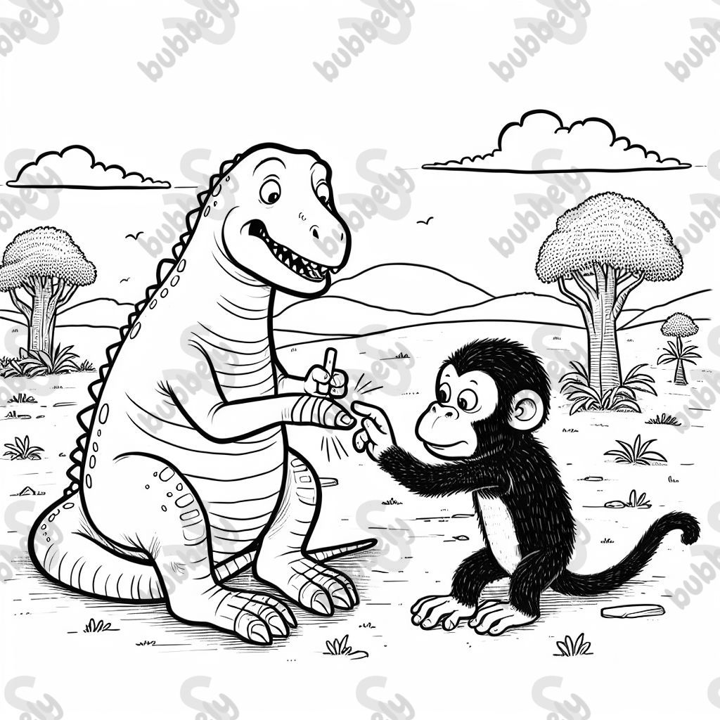 Dinosaurier, der sich am Finger weh getan hat. ein Affe klebt ihm ein Pflaster auf den Finger Dinosaurier, der sich am Finger weh getan hat. ein Affe klebt ihm ein Pflaster auf den Finger