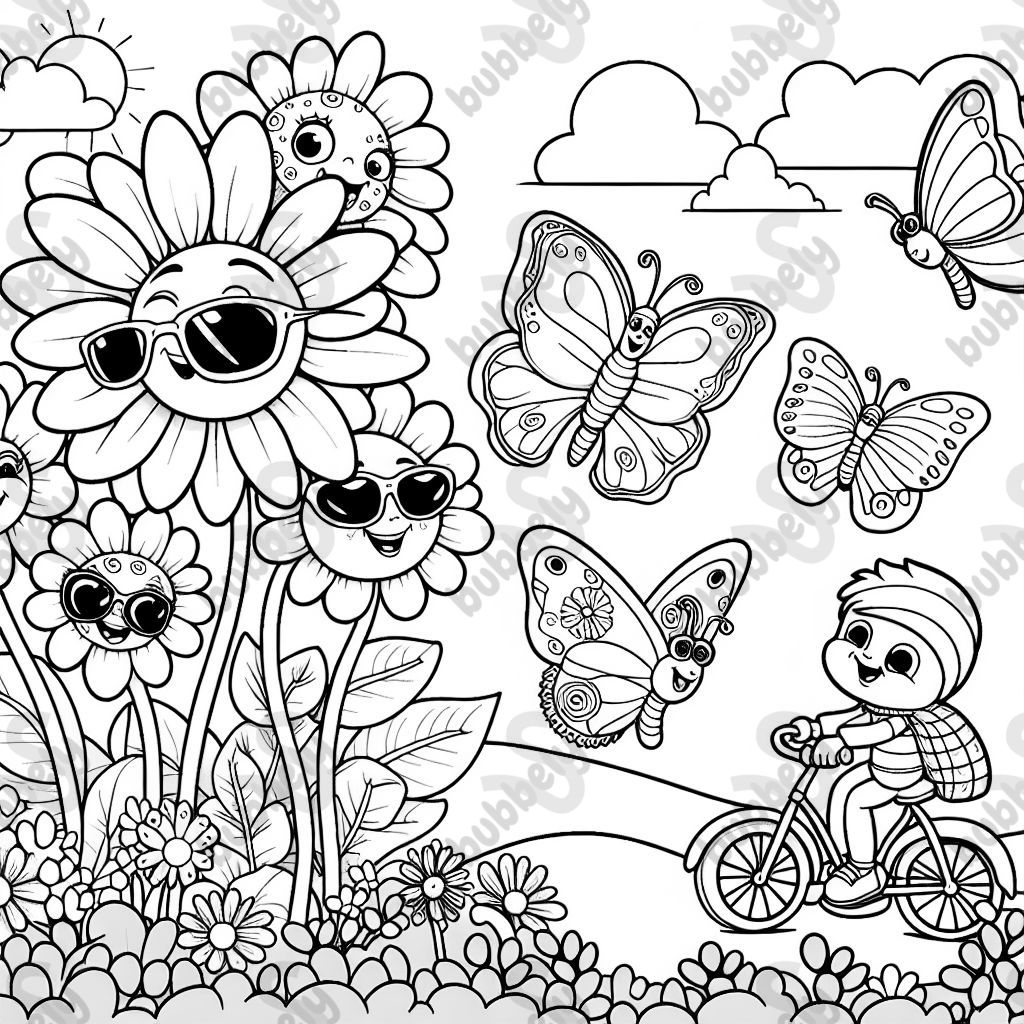 An imaginative garden where flowers have faces, butterflies wear tiny sunglasses, and caterpillars ride miniature bicycles. An imaginative garden where flowers have faces, butterflies wear tiny sunglasses, and caterpillars ride miniature bicycles.