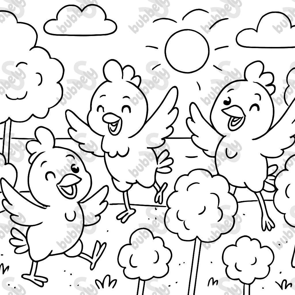 Hühner, die am Strand in einem Feld aus Zuckerwatte tanzen Hühner, die am Strand in einem Feld aus Zuckerwatte tanzen