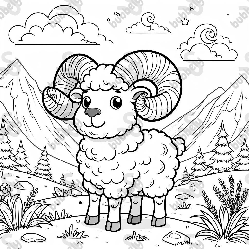 Black and white line drawing in coloring book style, no shading, high contrast, clean and smooth outlines. Simple yet detailed, designed for kids (ages 7-12). A friendly and cartoonish ram with large curved horns, standing confidently on a mountain landscape. The background includes easy-to-color mountains, complete and natural-looking plants, and a few simple clouds or stars. Black and white line drawing in coloring book style, no shading, high contrast, clean and smooth outlines. Simple yet detailed, designed for kids (ages 7-12). A friendly and cartoonish ram with large curved horns, standing confidently on a mountain landscape. The background includes easy-to-color mountains, complete and natural-looking plants, and a few simple clouds or stars.