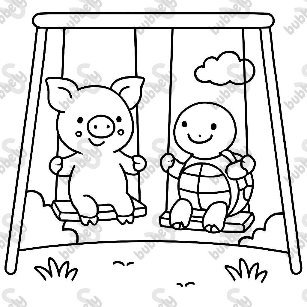 cerdito y tortuga marina balanceándose en el parque infantil cerdito y tortuga marina balanceándose en el parque infantil