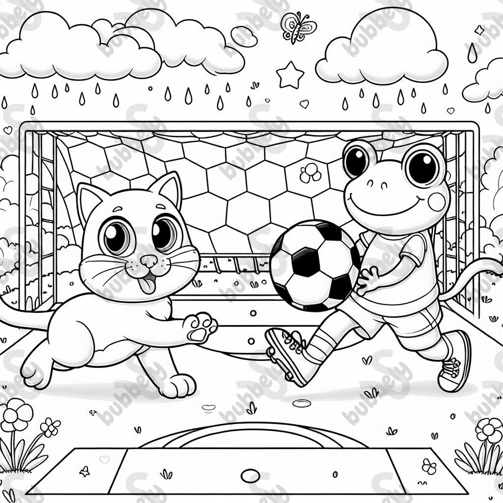 Katze und Frosch spielen zusammen Fußball Katze und Frosch spielen zusammen Fußball