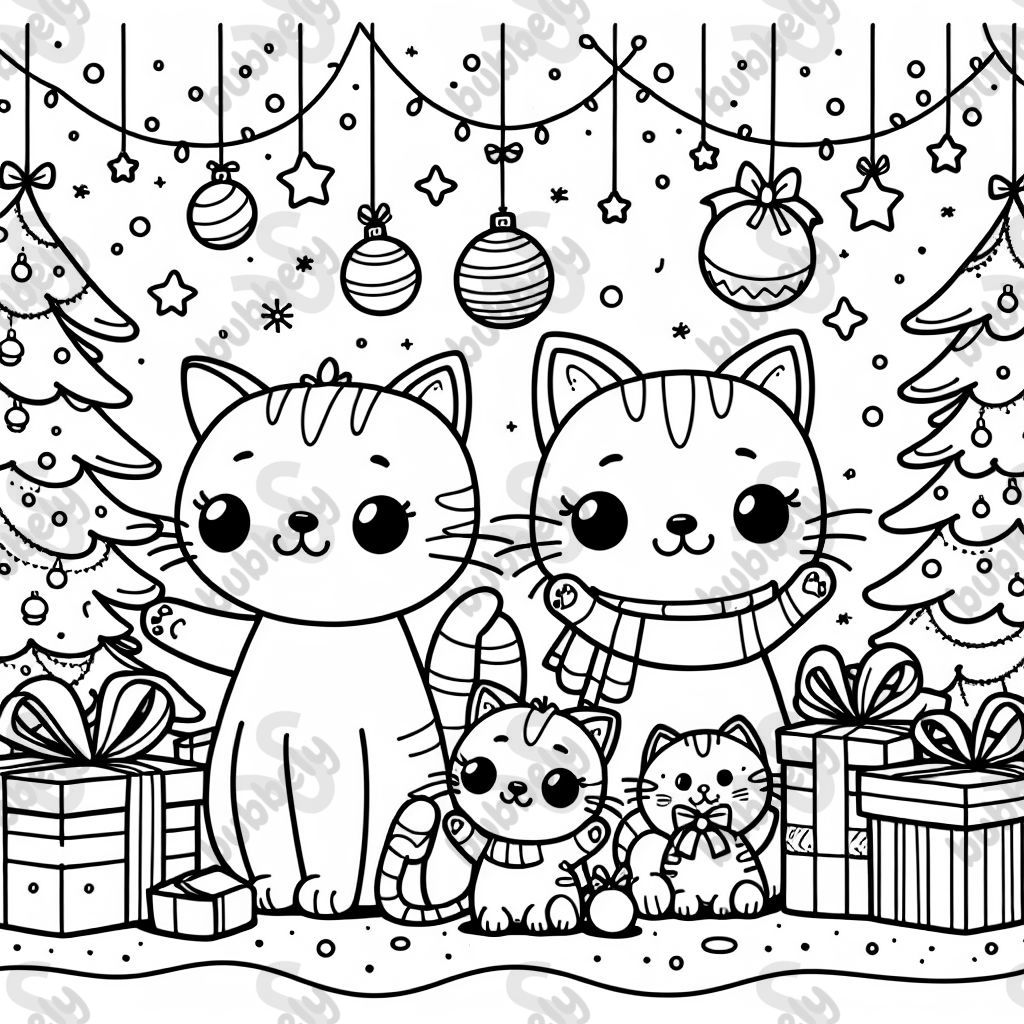 eine Katzenfamilie, bestehend aus mama, Papa, einem Katzenmädchen und einem Baby. das Bild soll weihnachtlich sein. eine Katzenfamilie, bestehend aus mama, Papa, einem Katzenmädchen und einem Baby. das Bild soll weihnachtlich sein.