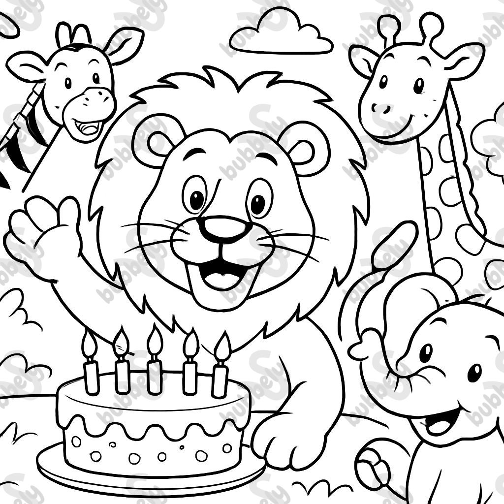 a lion with zoo animals and a birthday cake with 5 candles a lion with zoo animals and a birthday cake with 5 candles