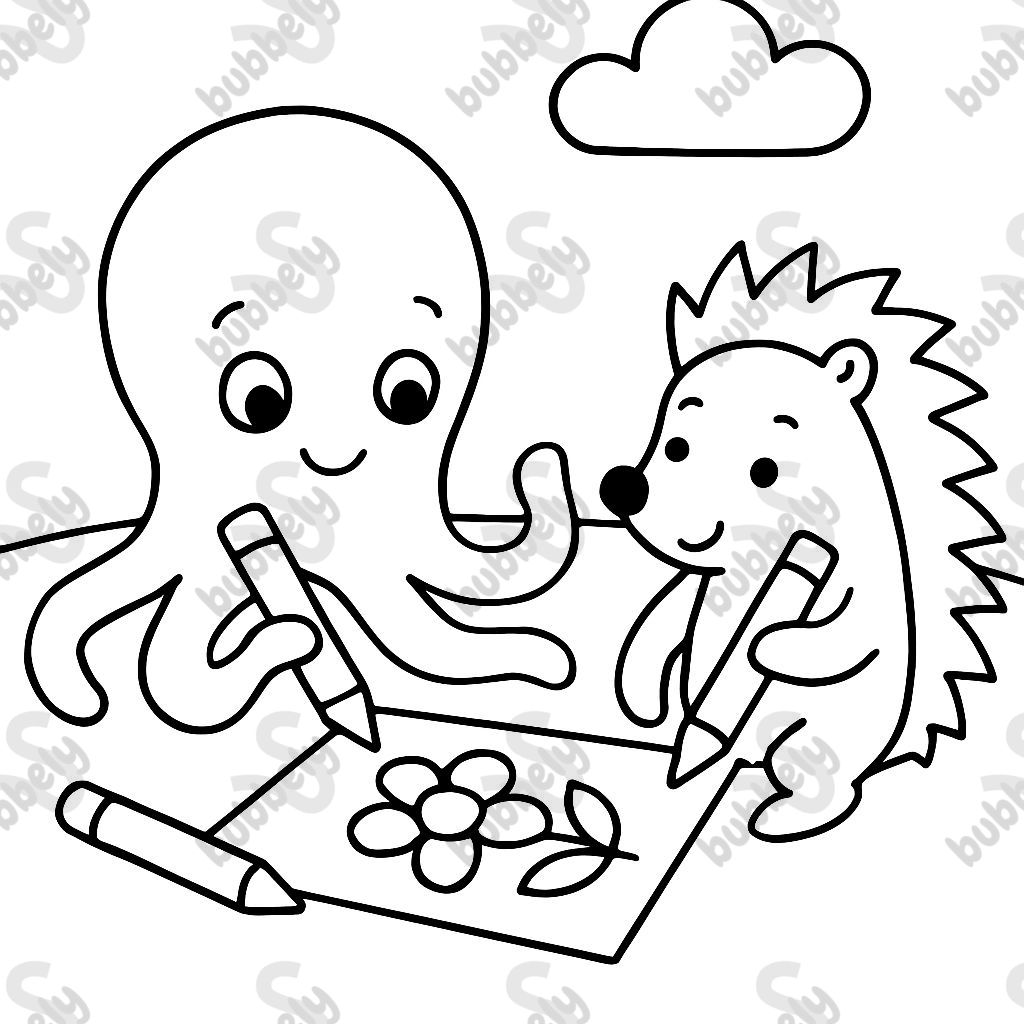 an octopus painting pictures with a hedgehog an octopus painting pictures with a hedgehog
