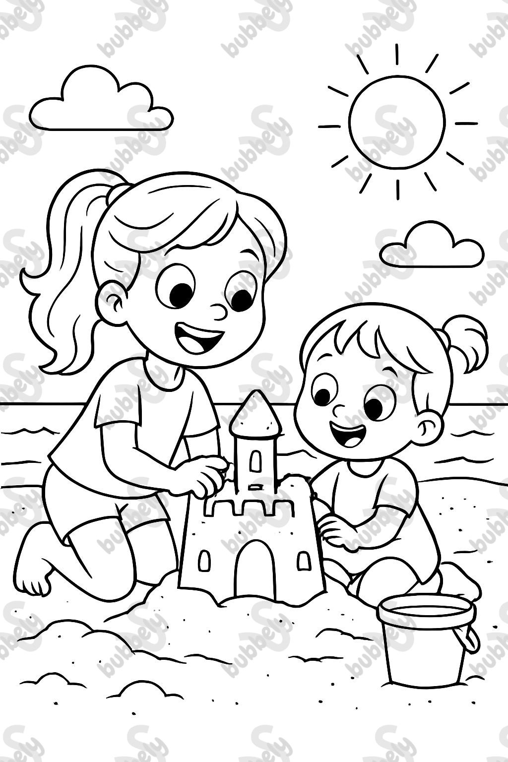 Fille de 6 ans avec sa petite sœur de 3 ans, construisant un château de sable sur la plage ensemble. Fille de 6 ans avec sa petite sœur de 3 ans, construisant un château de sable sur la plage ensemble.
