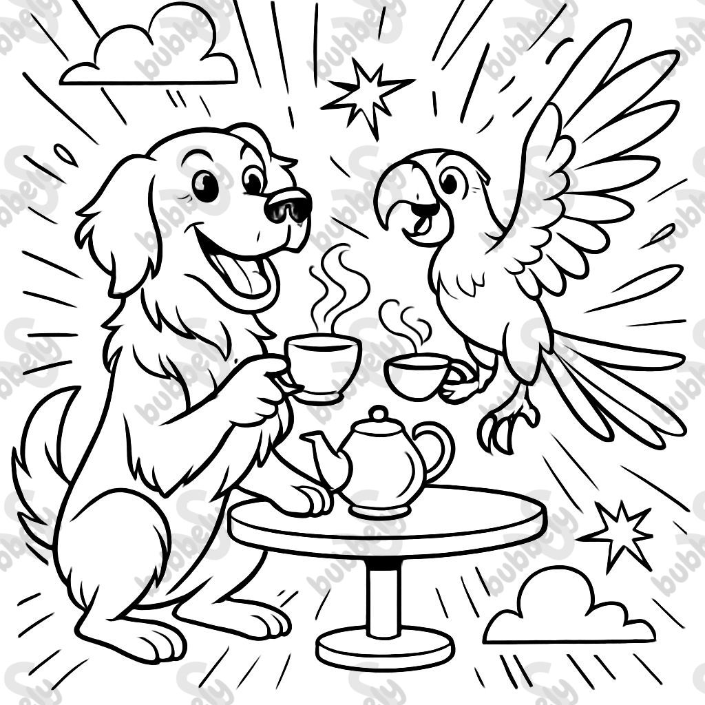 Golden Retriever und Papagei haben zusammen Tee. Golden Retriever und Papagei haben zusammen Tee.
