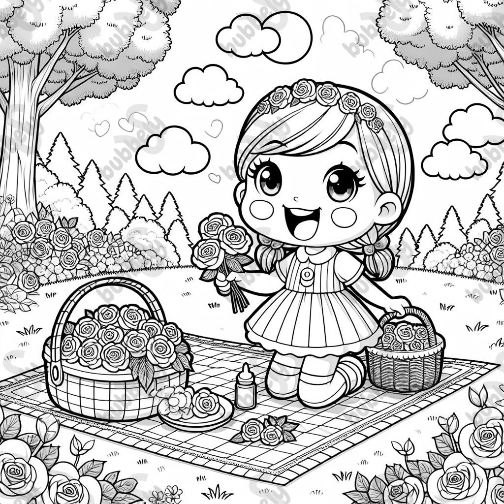 Une petite fille ayant un pique-nique dans un champ de roses. Une petite fille ayant un pique-nique dans un champ de roses.