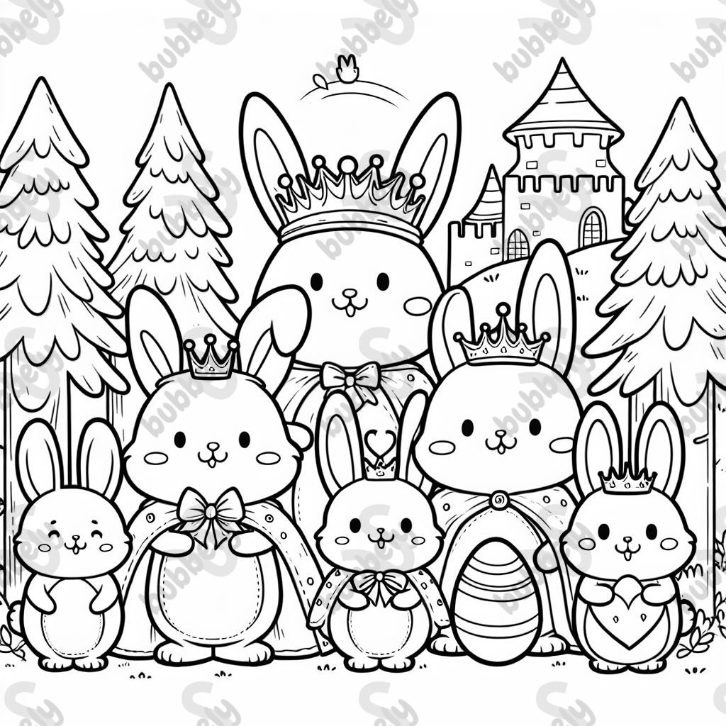 king bunny, queen bunny, baby bunny, prince bunny, princess bunny with a nice egg in the woods with a castle king bunny, queen bunny, baby bunny, prince bunny, princess bunny with a nice egg in the woods with a castle