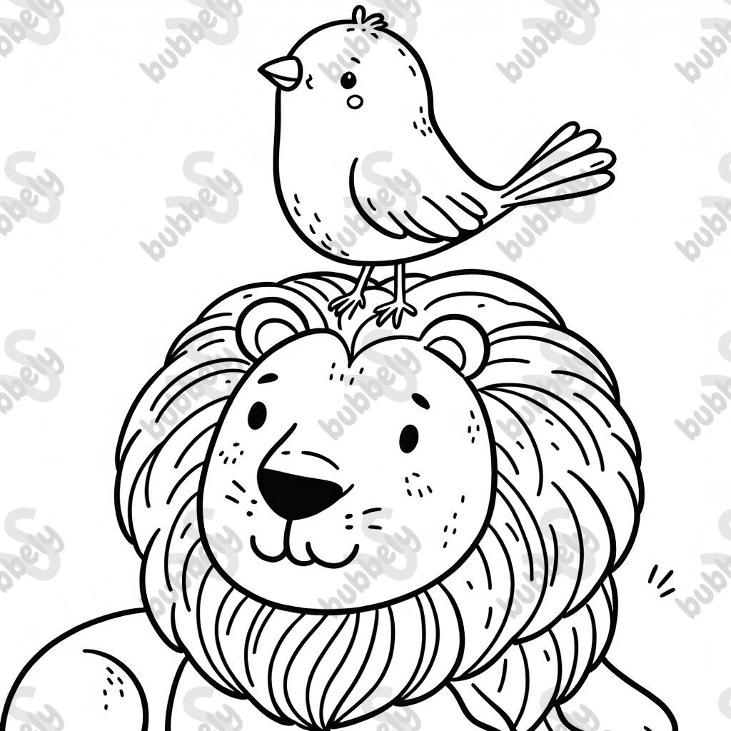 Vogel sitzt bei Löwe auf Kopf Vogel sitzt bei Löwe auf Kopf