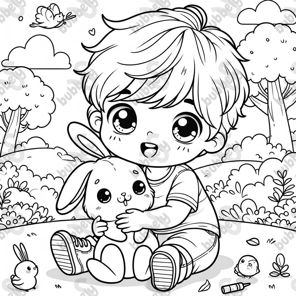 a small 2-year-old blonde boy holding a cuddly bunny a small 2-year-old blonde boy holding a cuddly bunny