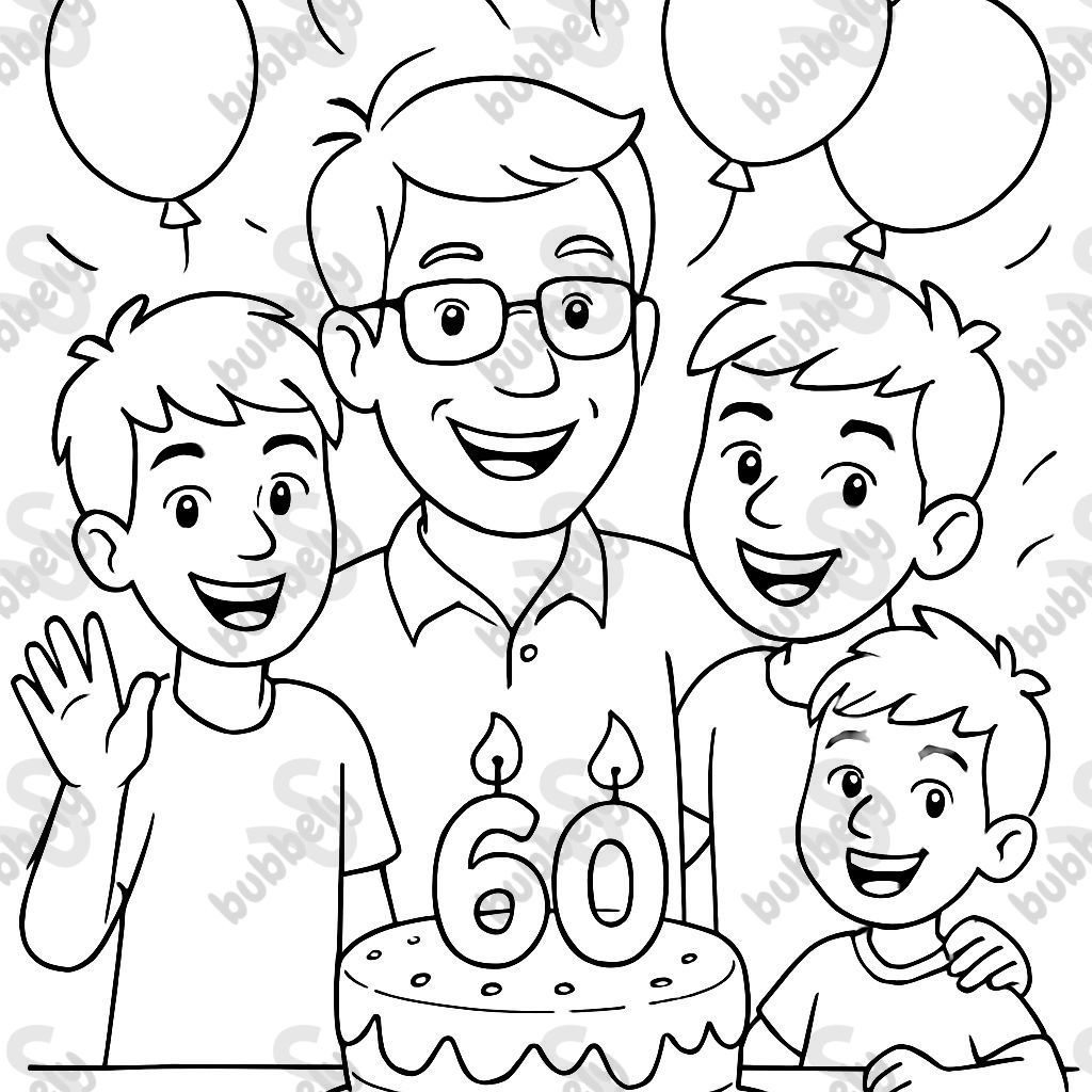 Coloring page. 4 people. Grandpa's 60th birthday (only grandpa with glasses, looks not very old, has a lot of hair). Grandpa with a 13-year-old teenage boy, a 10-year-old teenage boy, and a 6-year-old boy. There are balloons and a cake. Coloring page. 4 people. Grandpa's 60th birthday (only grandpa with glasses, looks not very old, has a lot of hair). Grandpa with a 13-year-old teenage boy, a 10-year-old teenage boy, and a 6-year-old boy. There are balloons and a cake.