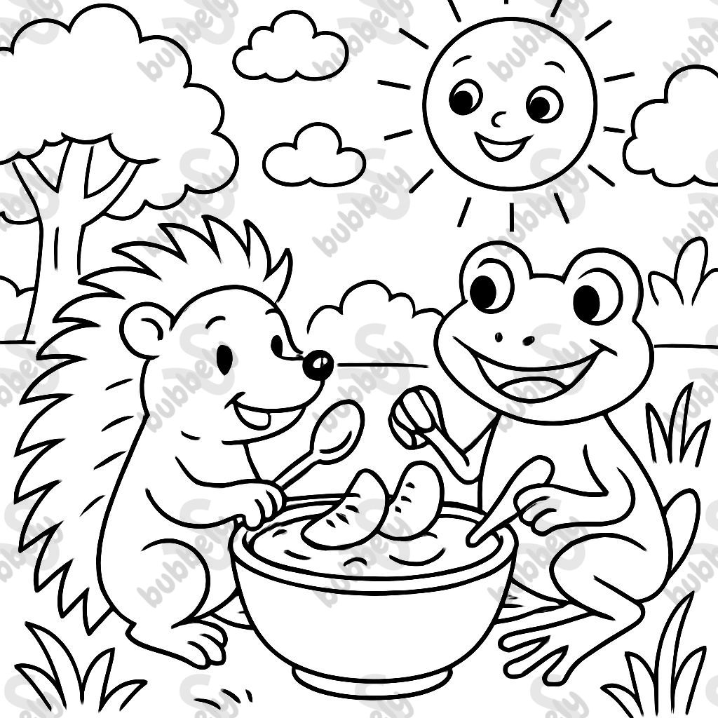 Hérisson et grenouille mangent ensemble du yaourt à la pêche décoré de tranches de pêche Hérisson et grenouille mangent ensemble du yaourt à la pêche décoré de tranches de pêche