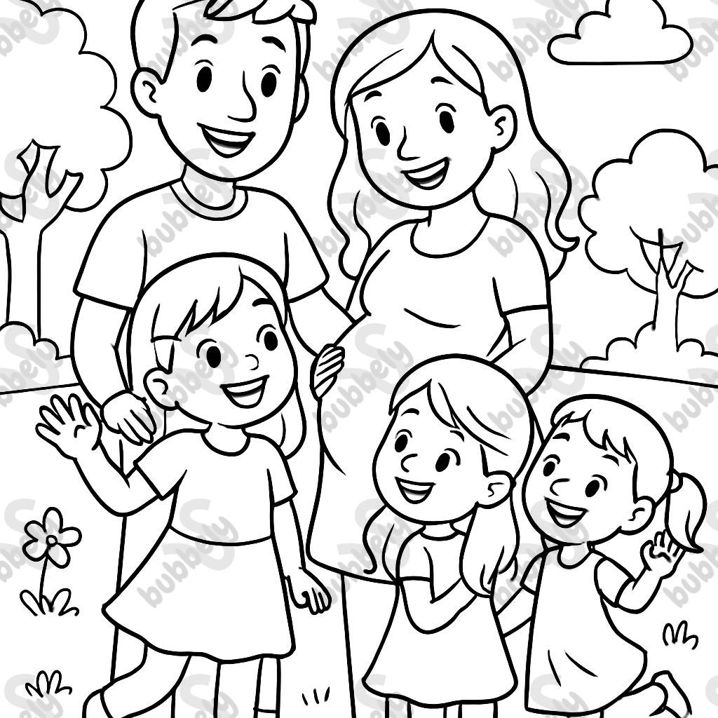 Vater, schwangere Mutter und drei Mädchen alle zusammen Vater, schwangere Mutter und drei Mädchen alle zusammen