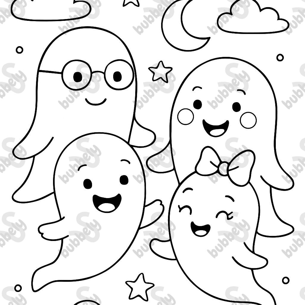 a family of 4 ghosts: a dad with small glasses, a mom with rosy cheeks, a little ghost and a little ghost with a purple bow on top of the head a family of 4 ghosts: a dad with small glasses, a mom with rosy cheeks, a little ghost and a little ghost with a purple bow on top of the head