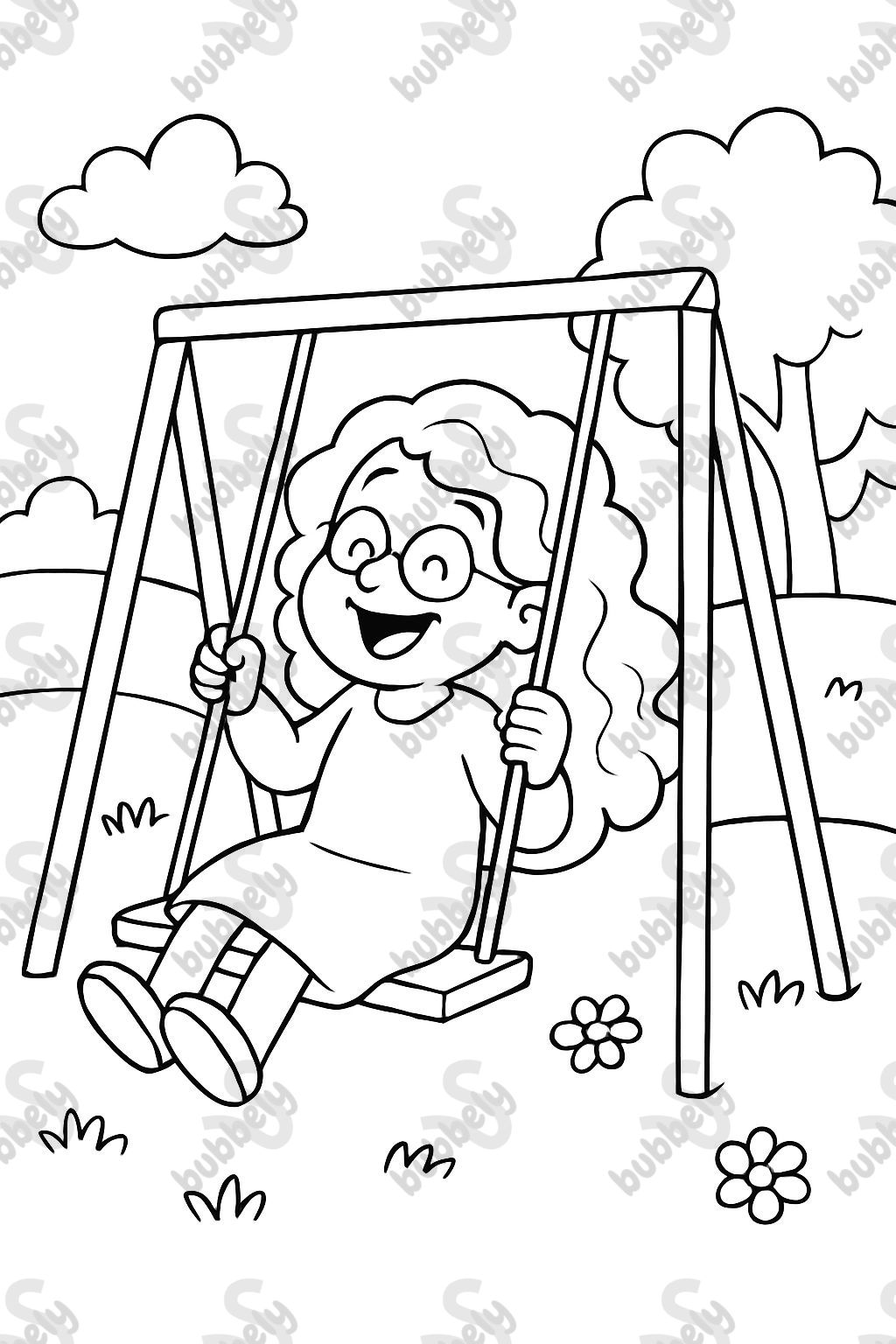 Grand-mère avec de longs cheveux ondulés jouant sur une balançoire Grand-mère avec de longs cheveux ondulés jouant sur une balançoire